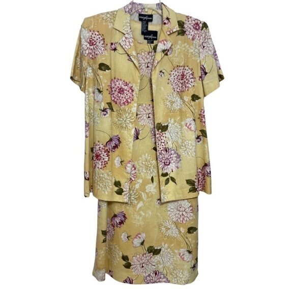 POSITIVE ATTITUDE 2-Piece Linen Jacket‎ Dress Size 12 Yellow Tan Floral Sequins - Picture 1 of 16